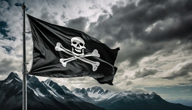pirate flag on a ship, Pirate flag with skull and bones waving in the wind, cloudy sky background, jolly roger symbol, dark mysterious hacker and robber concept