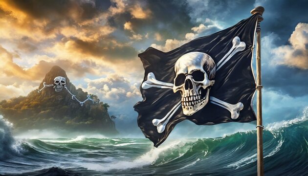 pirate flag and ship, wallpaper Pirate flag with skull and bones waving in the wind, cloudy sky background, jolly roger symbol, dark mysterious hacker and robber concept