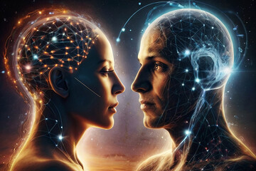 Captivating telepathic communication image: two people connecting through thought. Perfect for illustrating telepathy concepts. SEO-optimized stock photo. - obrazy, fototapety, plakaty