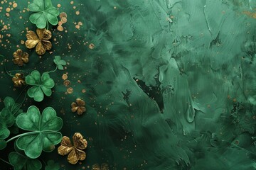 Clover on grungy surface, background for irish holiday, st patrick, in the style of dark aquamarine and gold, mixed media elements, mysterious jungle, nature-inspired pieces, unique framing and compos