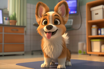 Cute dog 3d cartoon illustration, adorable puppy in a room scene