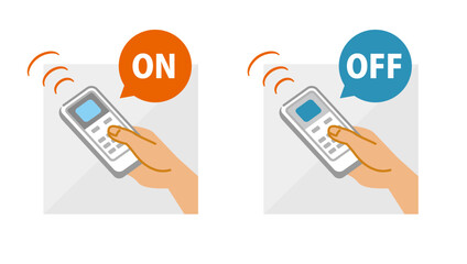 Illustration set of hand holding air conditioner controller with buttons and display, vector on white background. Switching on and off.
