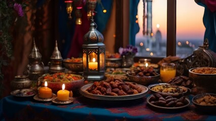 Fototapeta na wymiar Table full of traditional Ramadan dishes, such as dates, fruits, nuts, bread, and soup. 