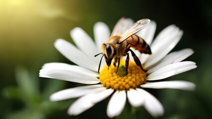 A macro shot of a bee on a daisy with a yellow center and white petals.