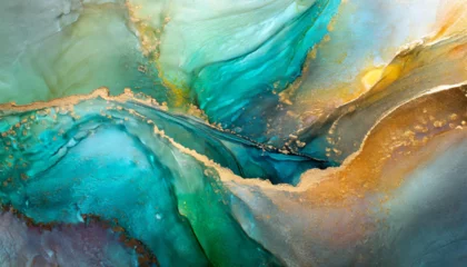 Fotobehang  Currents of translucent hues, snaking metallic swirls, and foamy sprays of color shape the landscape of these free-flowing textures. Natural luxury abstract fluid art painting in alcohol ink techniq © Dakwah