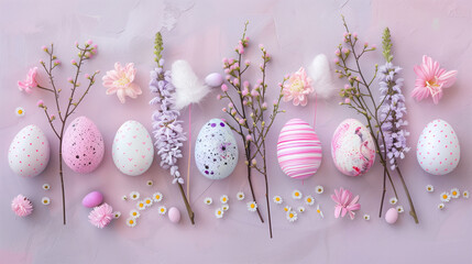 Happy Easter. Horizontal banner, colorful eggs on pink  background, lilac pastel colors