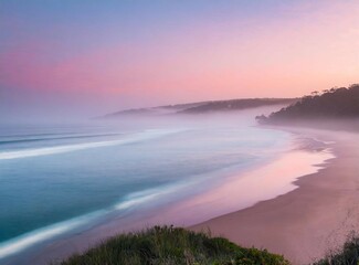 Fototapeta premium Misty beach with pink sky