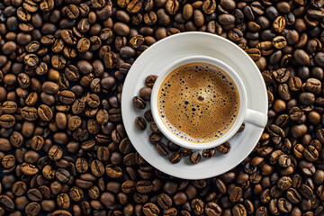 Fototapeta premium Top view of a fresh cup of coffee on a bed of roasted beans