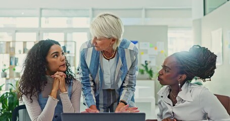 Business people, mentor and coaching in office with laptop for project review, collaboration and consulting. Teamwork, employees and training with feedback, instructions or communication at workplace