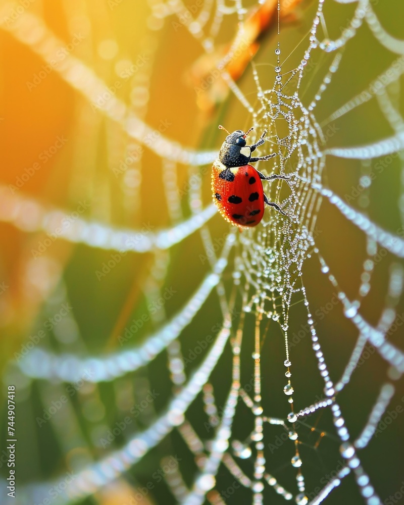 Poster a ladybug sits on a web with dew drops. generative ai.