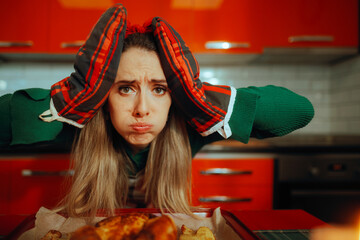 Busy Woman Planning a Family Dinner with Baked Dish. Overworked housewife failing in meal...