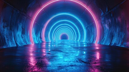Abstract futuristic neon background. Light tunnel. Blue neon shapes on dark background. Night view. Space background. cyber reality