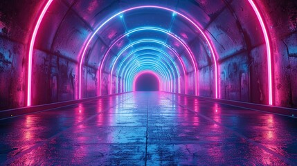 Abstract futuristic neon background. Light tunnel. Blue neon shapes on dark background. Night view. Space background. cyber reality
