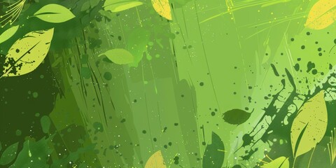 Abstract artistic banner with splashes of green and yellow, adorned with leaf silhouettes for a bold, eco-centric design.