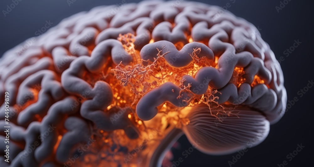 Poster neural network in action - a 3d rendering of a brain with highlighted synapses