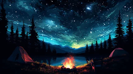 Papier Peint photo Aurores boréales A campfire under a starry night sky.