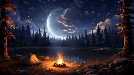 Poster de jardin Aurores boréales A campfire under a starry night sky.