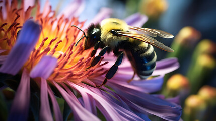 A close-up of a bumblebee on a flower. - obrazy, fototapety, plakaty