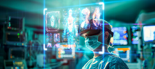 Virtual Reality VR technology with medical. Doctor diagnosis on simulated monitor in operating room.