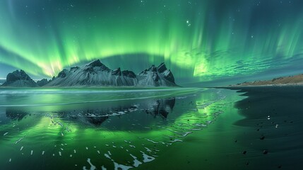 Amazing view of the green auroras glowing in the night sky over the snowy ridges with black sand Stocknes beach and Vestrahorn mountains.