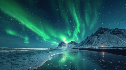 Amazing view of the green auroras glowing in the night sky over the snowy ridges with black sand Stocknes beach and Vestrahorn mountains. - Powered by Adobe
