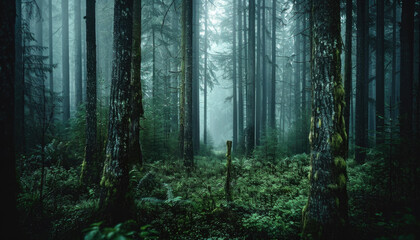 Obraz premium Photo of a pacific northwest forrest on a rainy day, foggy and mystic mountain forrest, gloomy dark forest during a foggy day, North Vancouver, British Columbia, Canada, European forrest