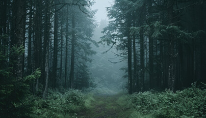 Photo of a pacific northwest forrest on a rainy day, foggy and mystic mountain forrest, gloomy dark forest during a foggy day, North Vancouver, British Columbia, Canada, European forrest