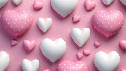 Valentine's Day concept with 3D pink and white hearts arranged on a seamless pink background