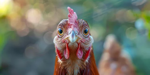 Fotobehang Inquisitive Chicken Gazing at Camera. A curious chicken looking directly at the camera with a natural background. © AI Visual Vault