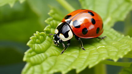 A close-up of a ladybug on a green leaf.