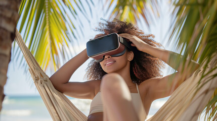 Young black woman relaxing in a hammock using a VR headset on a tropical beach. Modern innovative technologies in everyday life, entertainment, psychological reboot