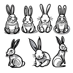 Vector Illustration of Cute Bunnies: Outline Sketch, Image, Stock, Illustrative, Creative, Artistic