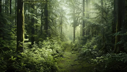 Zelfklevend Fotobehang Photo of a pacific northwest forrest on a rainy day, foggy and mystic mountain forrest, gloomy dark forest during a foggy day, North Vancouver, British Columbia, Canada, European forrest © Thomas Parker
