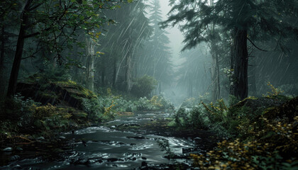 Fototapeta na wymiar Photo of a pacific northwest forrest on a rainy day, foggy and mystic mountain forrest, gloomy dark forest during a foggy day, North Vancouver, British Columbia, Canada, European forrest