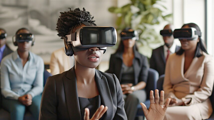 Young business black woman doing virtual reality presentation at work. Modern innovative technologies in everyday work using VR technology