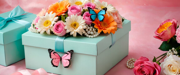 Enchanting Gift Box with Pink Butterflies. Generative  AI 