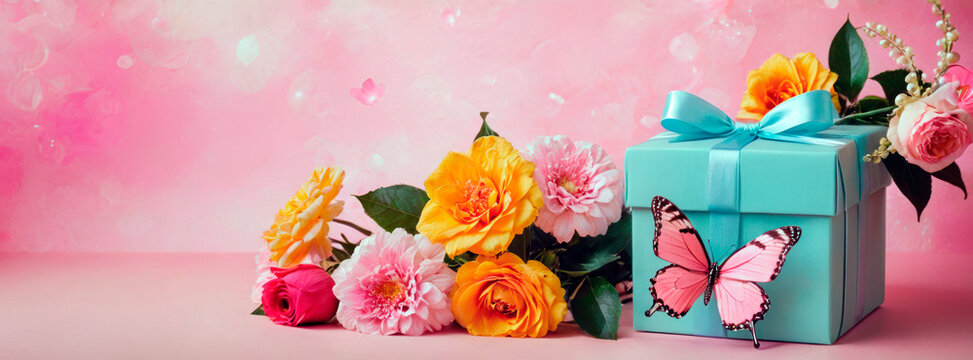 a Tiffany blue gift box filled with colorful flowers with butterfly next to a pink backdrop with copy space.