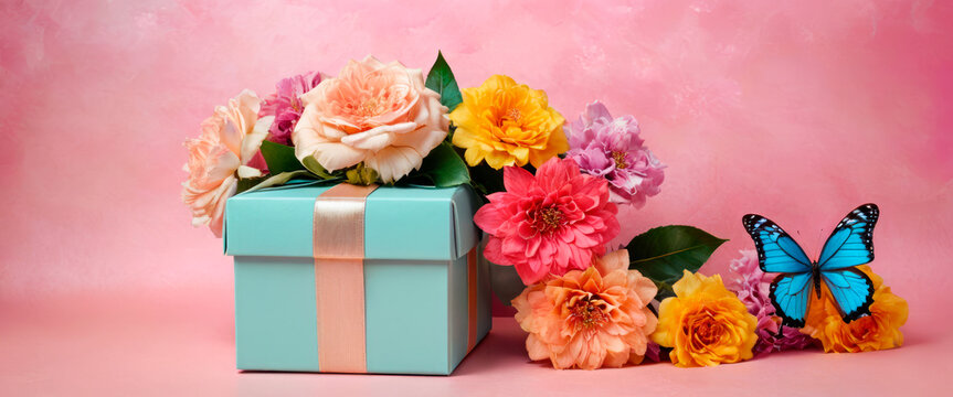 a Tiffany blue gift box with roses, butterfly, pink background with copy space. Generative  AI 