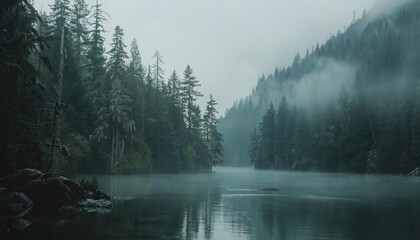 Photo of a pacific northwest forrest on a rainy day, foggy and mystic mountain forrest, gloomy dark forest during a foggy day, North Vancouver, British Columbia, Canada, European forrest - obrazy, fototapety, plakaty