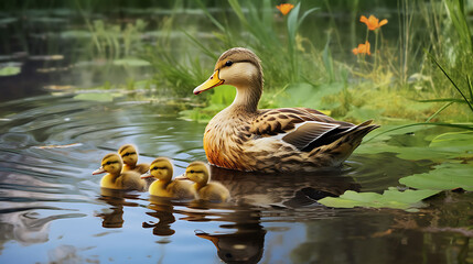 A family of ducks swimming in a pond.