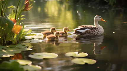 A family of ducks swimming in a pond. - Powered by Adobe