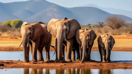 Foto op Aluminium A family of elephants at a watering hole. © Muhammad