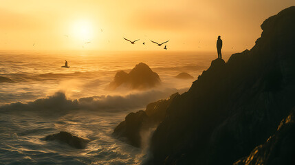 Silhueta resiliente Pessoa contemplando o oceano durante um pôr do sol turbulento transmitindo calma e determinação - obrazy, fototapety, plakaty