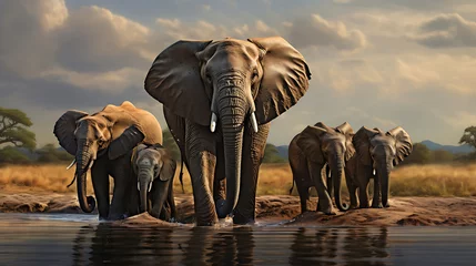 Foto auf Alu-Dibond A family of elephants at a watering hole. © Muhammad