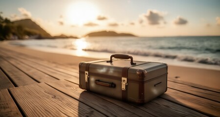  Vacation dreams in a vintage suitcase - obrazy, fototapety, plakaty