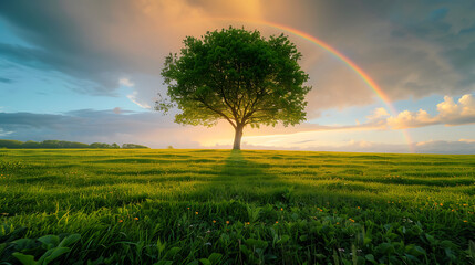 Um cenário de esperança e renovação árvore solitária campo verde sol dourado arcoíris ao longe - obrazy, fototapety, plakaty