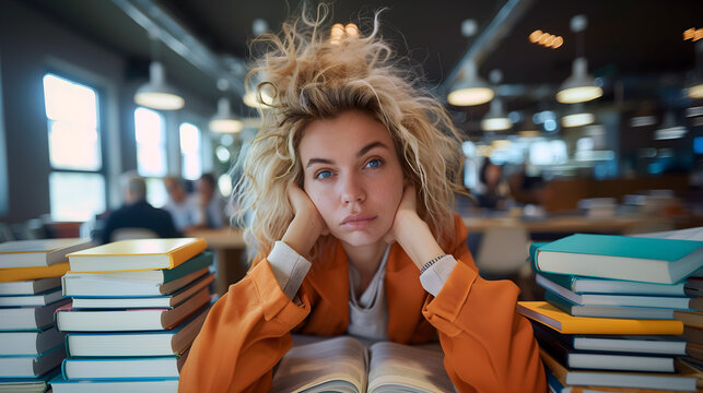 Exhausted young woman with messy hair surrounded by piles of books in library