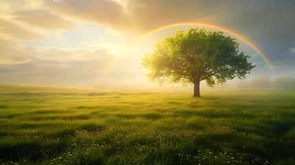 Fotobehang Um cenário de esperança e renovação árvore solitária campo verde sol dourado arcoíris ao longe © Alexandre