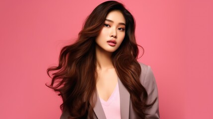 Fototapeta premium asian woman in business suit with pink background, ai