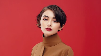 asian woman in business suit with red background, ai